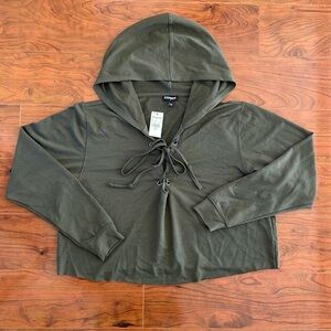 NWT Express Olive Green Long Sleeve Cropped Lace Up Hoodie Shirt Top